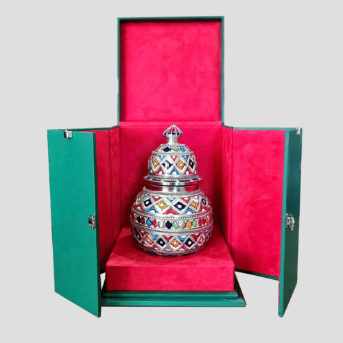 Potiche Céramique Artisanale Marocaine avec Boîte en Cuir Vert - Motif Bleu Or Géométrique