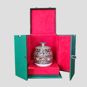 Vase Céramique Artisanale Marocaine avec Boîte en Cuir Vert - Motif Multicolore Floraux