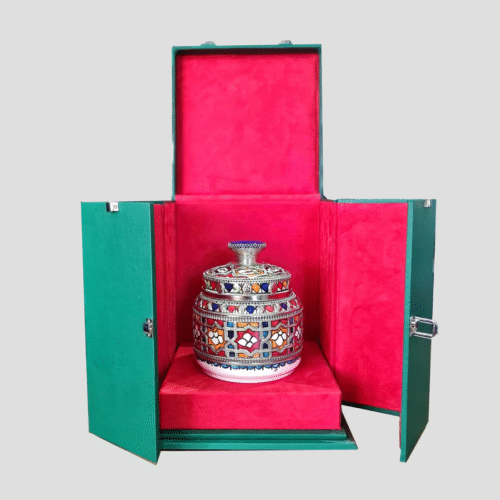 Vase Céramique Artisanale Marocaine avec Boîte en Cuir Vert - Motif Multicolore Floraux