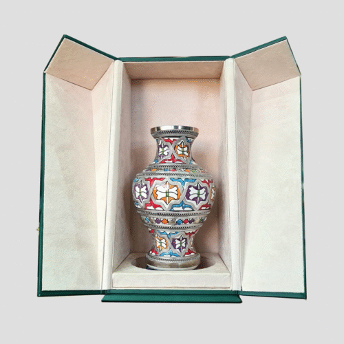 Vase Céramique Marocain « Éclat des Médines » avec Boîte en Cuir Vert - Motif Géométrique Fête
