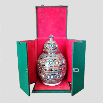 Vase Céramique Artisanale Marocaine avec Boîte en Cuir Vert - Motif Multicolore Géométrique