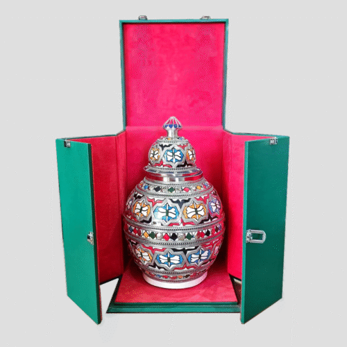 Vase Céramique Artisanale Marocaine avec Boîte en Cuir Vert - Motif Multicolore Géométrique
