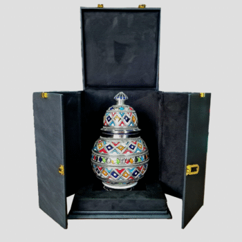 Vase Céramique Marocain « Trésor des Sables » avec Boîte en Cuir Noir - Motif Géométrique Émaillé